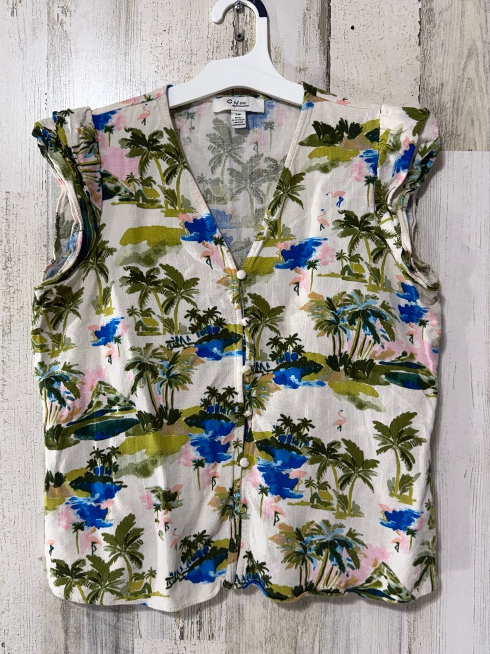 C by One Floral Tropical Sleeveless Button-Front Top Cream Blue & Olive